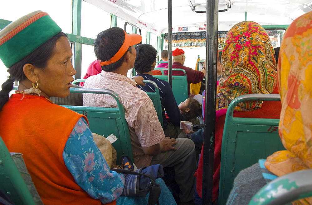 Group of local people travelling in a local public bus, Spiti, Himachal Pradesh, India, Asia