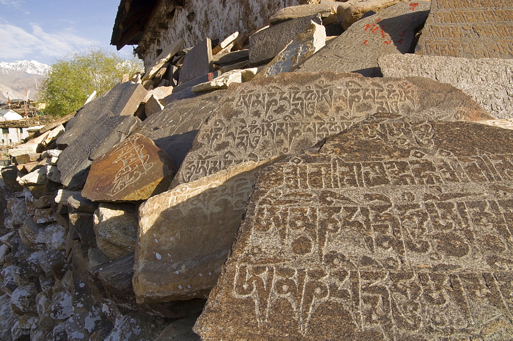 Prayer stones on prayer wall, Nako village, 2950m, Spiti, Himachal Pradesh, India, Asia