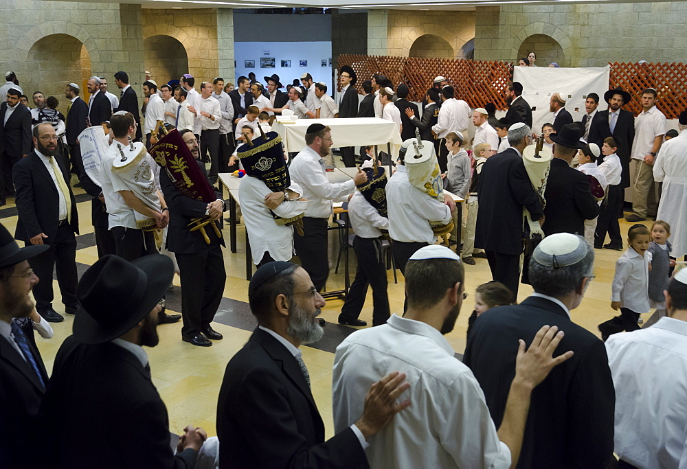 Jews dancing with Torah scrolls, Simhat Torah Jewish Festival, Jerusalem, Israel, Middle East