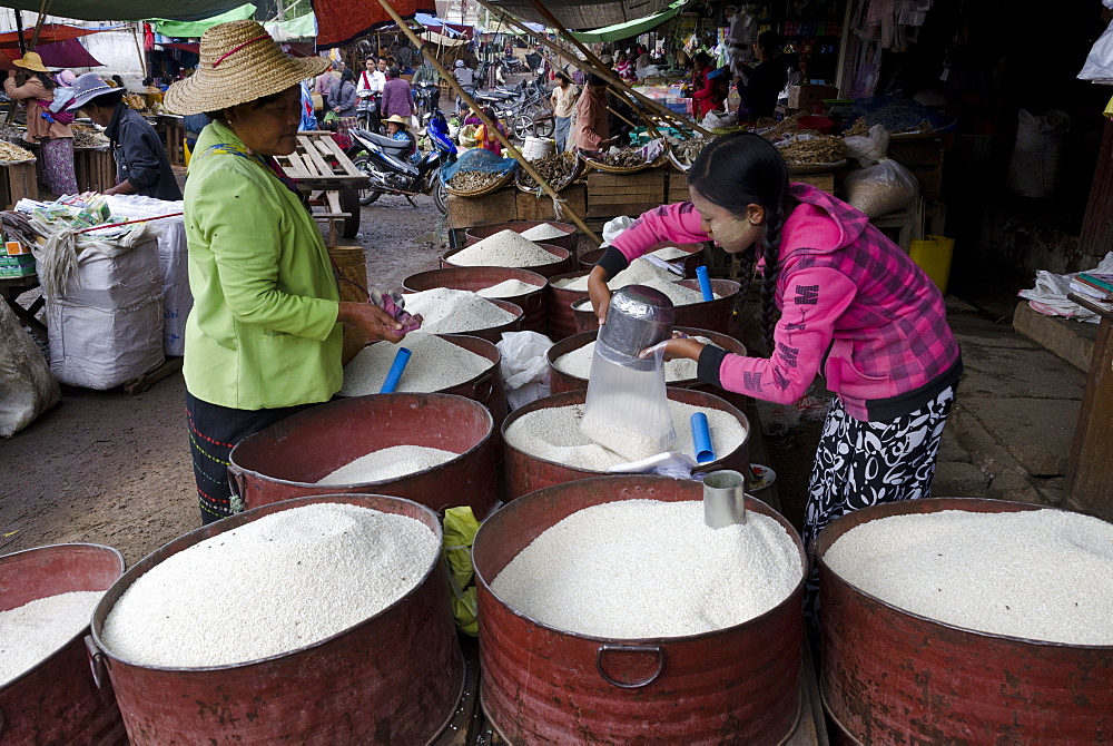 Rice stall in daily food market, Augban, Southern Shan State, Myanmar (Burma), Asia