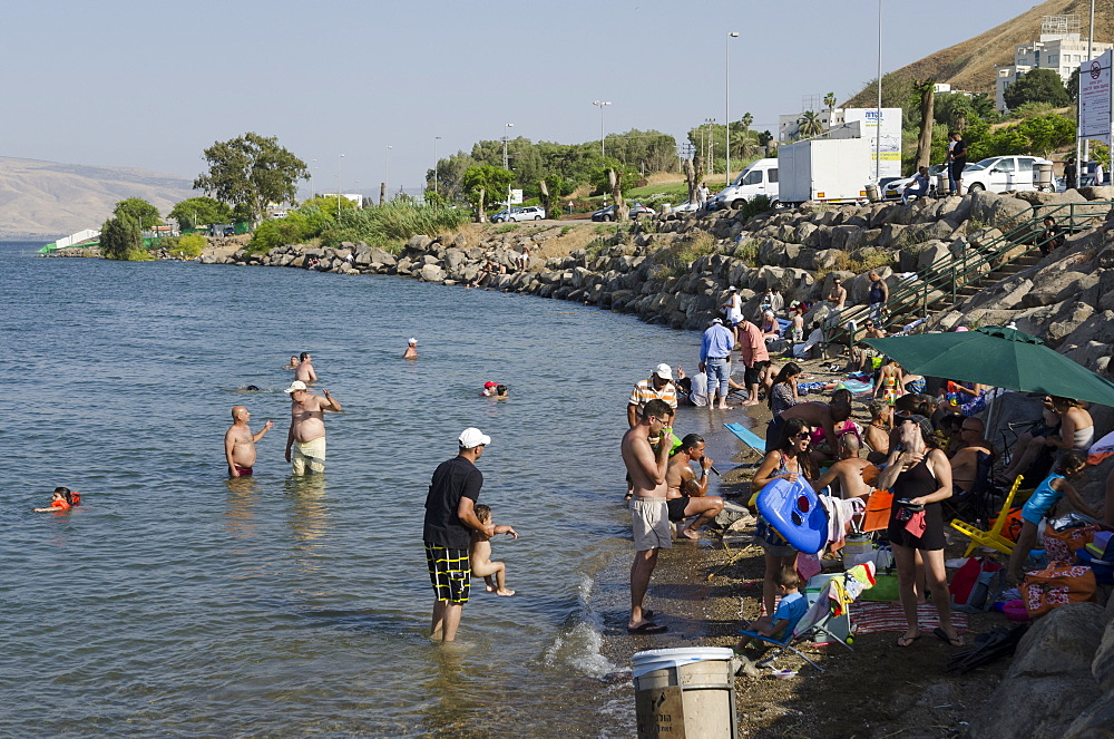 People bathing in the Sea of Galilee, Tiberias, Israel, Middle East