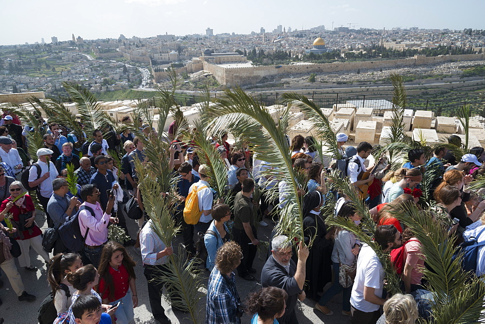 Palm Sunday catholic procession, Mount of Olives, Jerusalem, Israel, Middle East