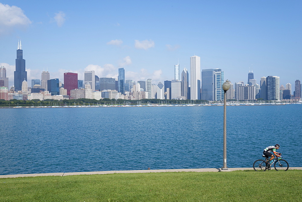 Chicago skyline from the Planetarium, Lake Michigan, Illinois, United States of America, North America