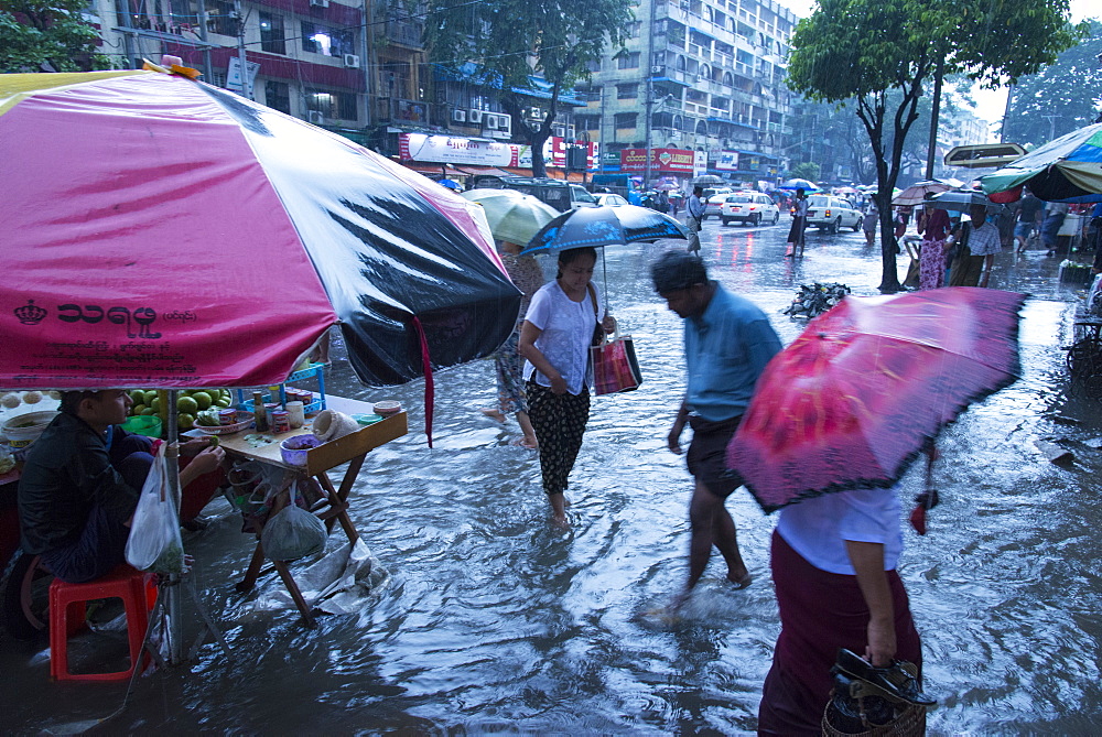 Heavy rain in the streets of Yangon (Rangoon), Myanmar (Burma), Asia