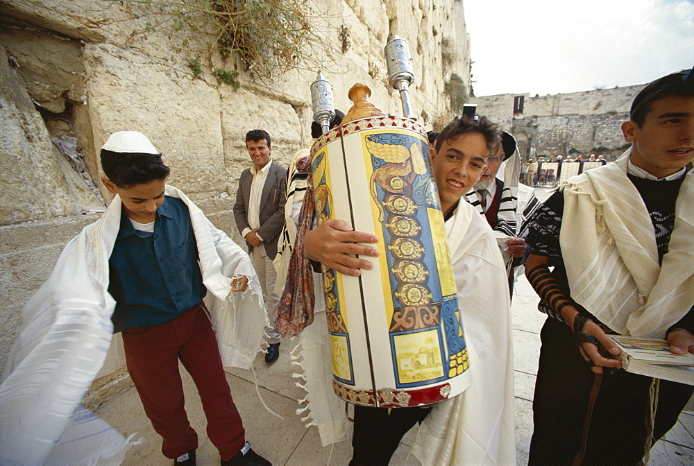 Jewish Bar Mitzvah ceremony at the Western Wall (Wailing Wall), Jerusalem, Israel, Middle East