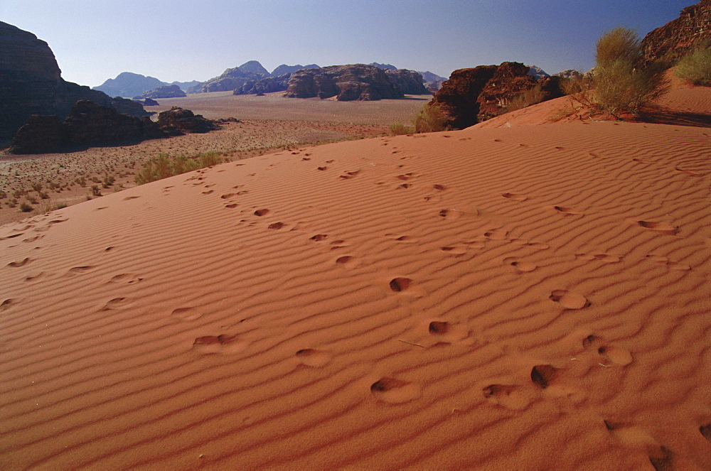 Footsteps, desert scenery, Wadi Rum, Jordan, Middle East