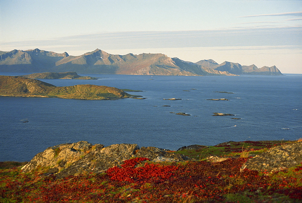 Island of Senja viewed from Sommeroy, near Tromso, Arctic Norway, Scandinavia, Europe