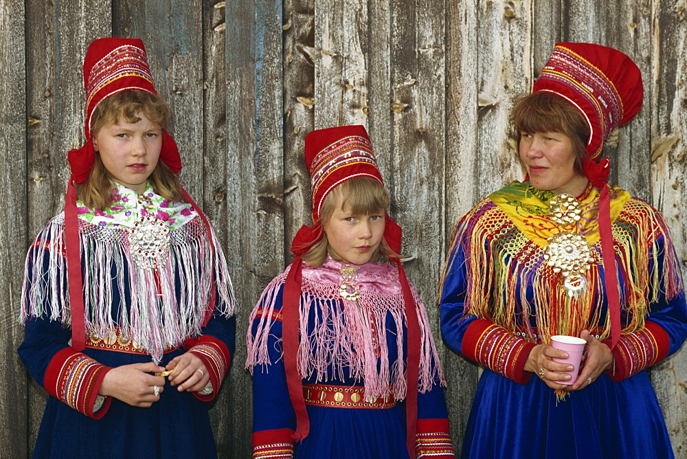 Portrait of Sami girls and woman, Lapps, in traditional costume for indigenous tribes meeting, at Karesuando, Sweden, Scandinavia, Europe