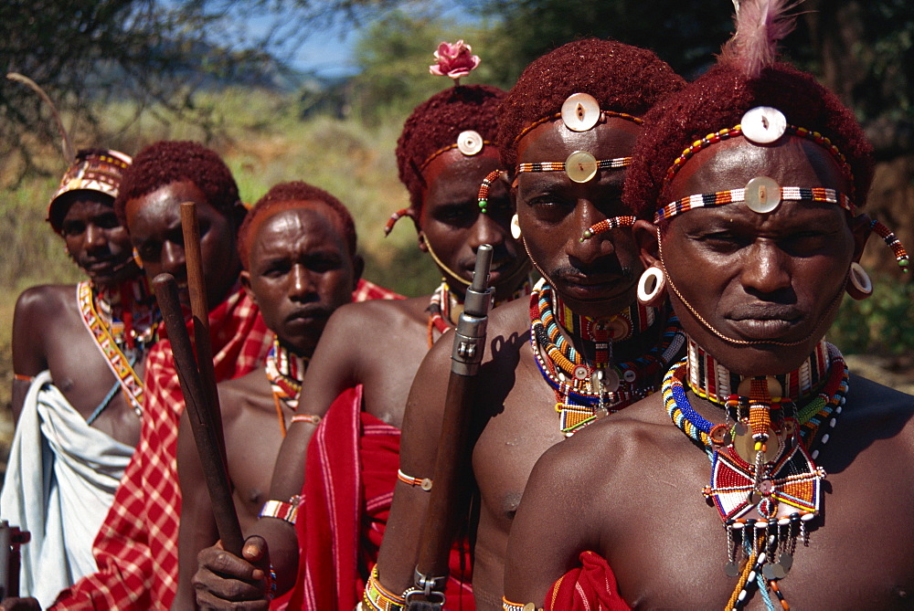 Line of Samburu Moran (warriors), Loodua, Kenya, East Africa, Africa