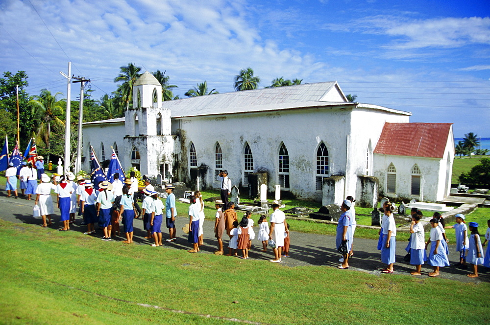 Sunday procession arriving at church for service, Aitutaki, Cook Islands, Polynesia, South Pacific Islands, Pacific