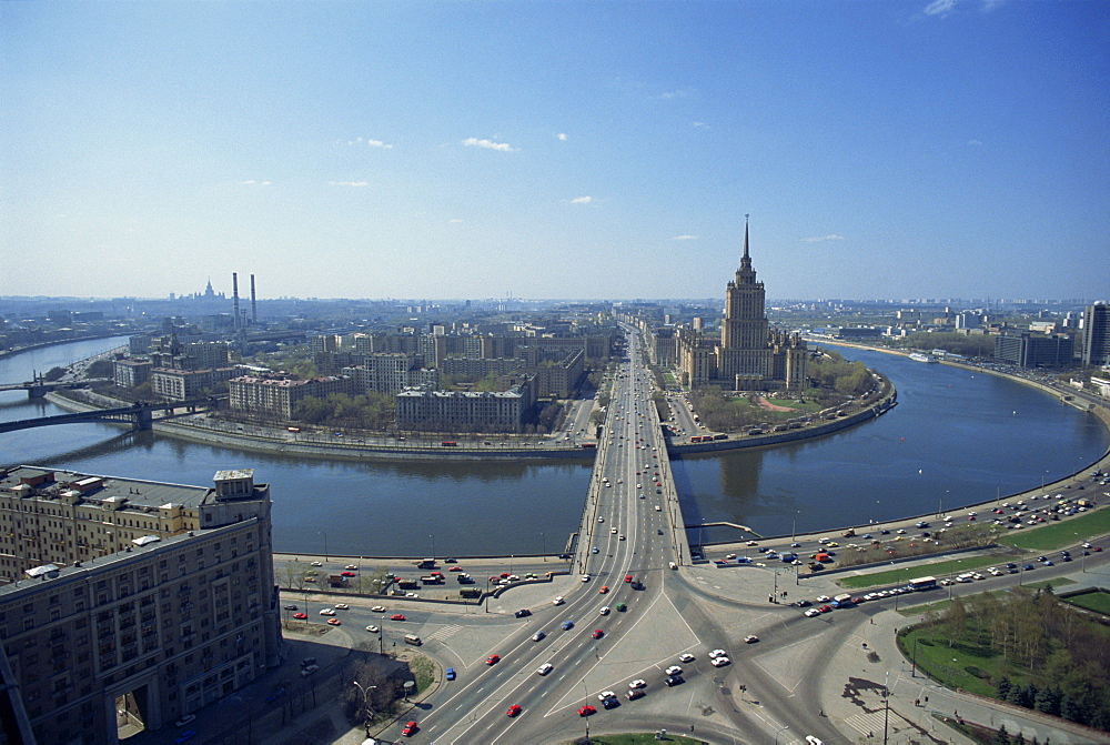 Aerial view over large river meander through Moscow, Russia, Europe