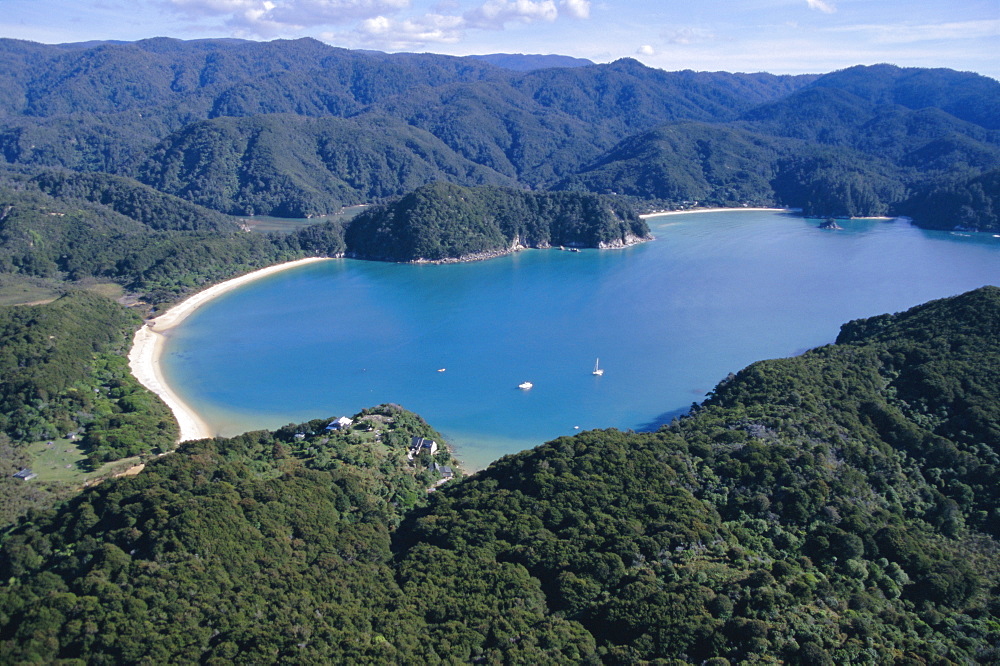 Aerial view of Golden Bay, Takaka, Abel Tasman National Park, Nelson, South Island, New Zealand, Pacific