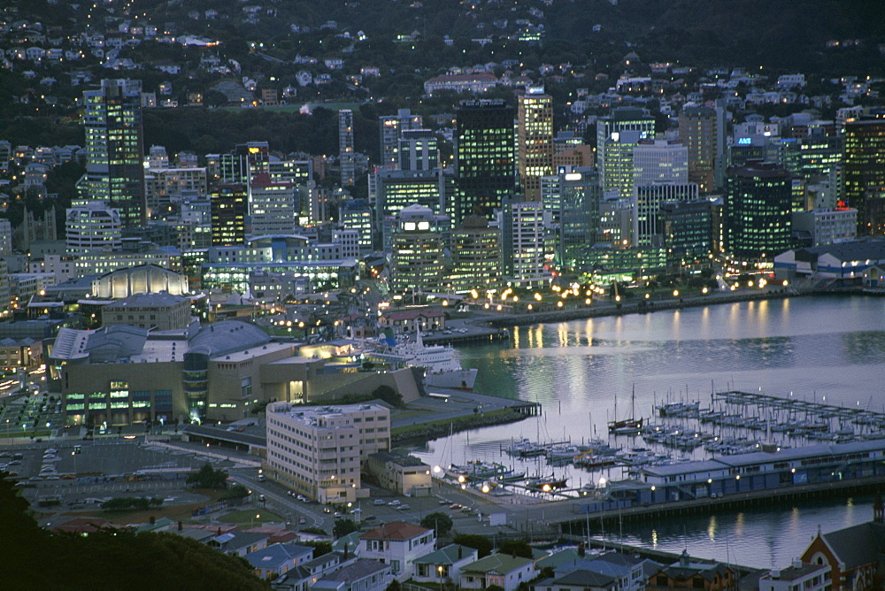 Te Papa Museum Marina and city lights in the evening, Wellington, North Island, New Zealand, Pacific