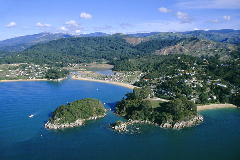 Aerial view of Separation Point near Golden Bay, Abel Tasman National Park, Nelson, South Island, New Zealand, Pacific