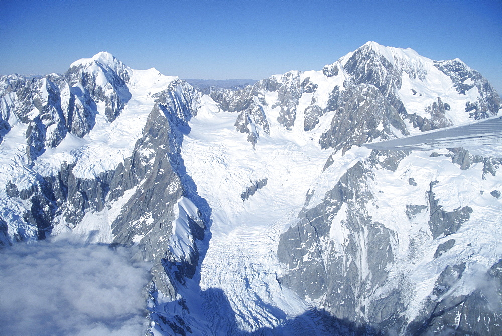 Aerial view of peak of Mount Cook, Mount Cook National Park, Southern Alps, Canterbury, South Island, New Zealand, Pacific