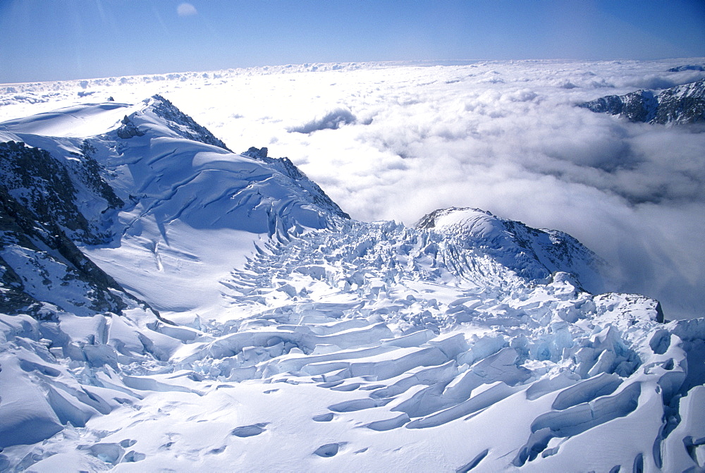 View of the top of Fox Glacier, Westland, west coast, South Island, New Zealand, Pacific