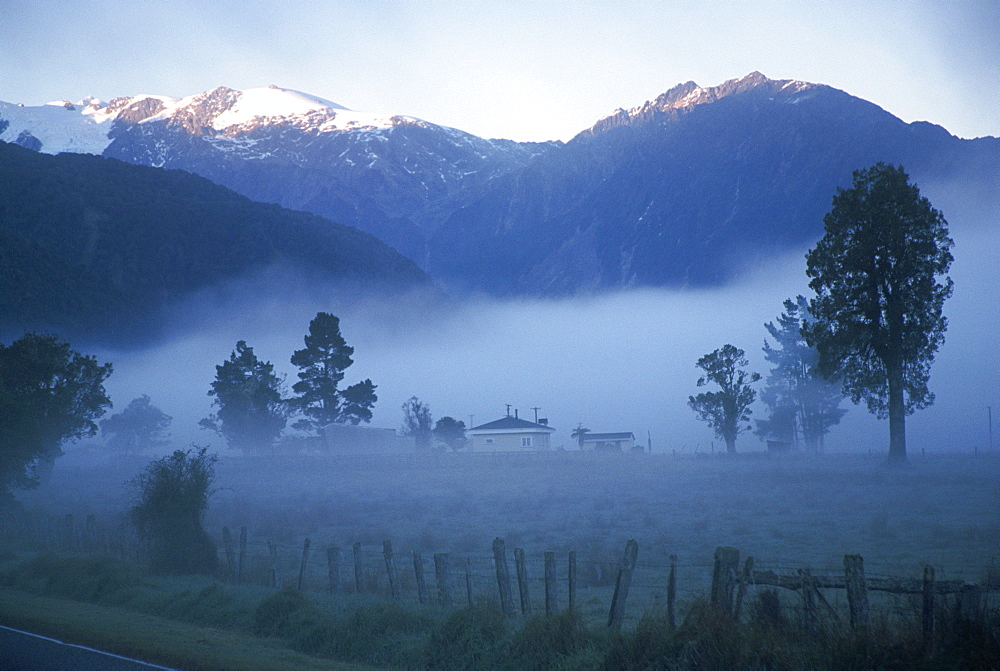 Farm in mist below Fox Glacier, Westland, west coast, South Island, New Zealand, Pacific