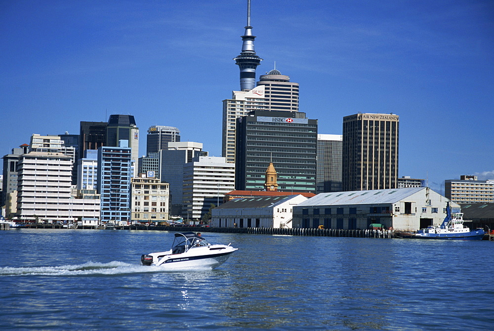 Views of the city and famous tower from the water, Auckland, North Island, New Zealand, Pacific