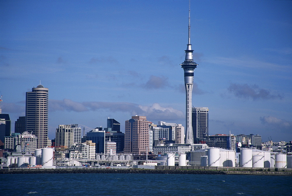 View of city and tower from the water, Auckland, North Island, New Zealand, Pacific