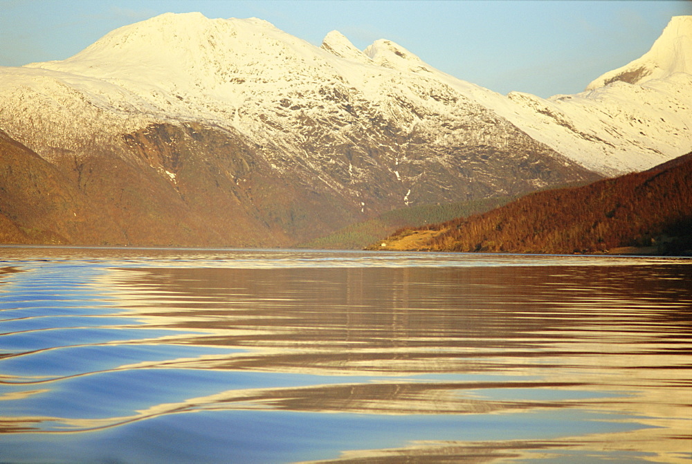 Glassy reflections of sky and mountains, Tysfjord, Arctic Norway, Scandinavia, Europe