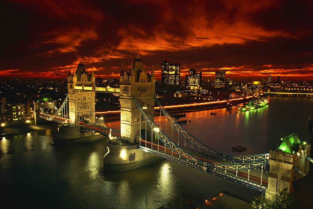 Aerial view over Tower Bridge, London, England, United Kingdom, Europe