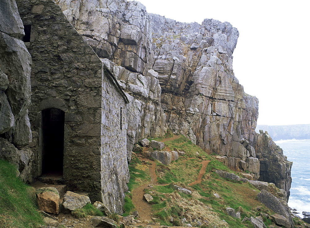 St. Govan's Celtic chapel dating from the 11th century, said to contain the saint's remains, St. Govan's Head, Pembrokeshire, Wales, United Kingdom, Europe