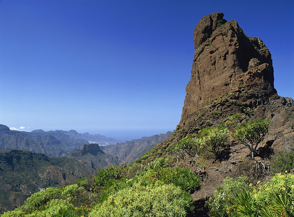 Roque Bentaiga, 1412m, and the view west towards San Nicholas from the footpath, Roque Bentaiga, Tejeda, Gran Canaria, Canary Islands, Spain, Atlantic, Europe