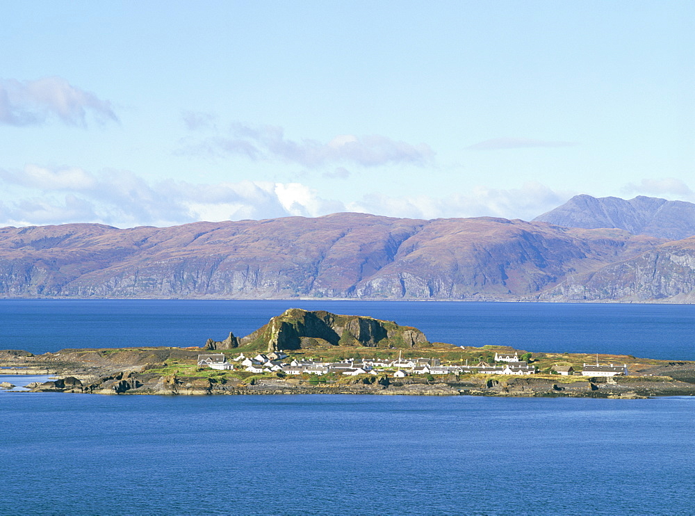 Easdale Island from Bar Mor, old slate quarrying village separated from Seil Island by the Sound of Easdale, with Mull beyond, Seil Island, Argyll and Bute, Scotland, United Kingdom, Europe