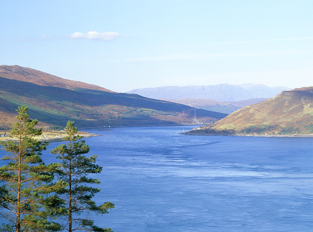 Kyle Rhea and Glenelg Bay, sheltered waters between the Isle of Skye and the mainland frequented by dolphins and seals, Glenelg, Highland region, Scotland, United Kingdom, Europe