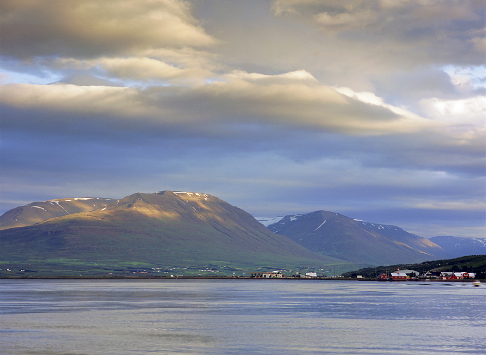 The head of the fjord from the jetty in Akureyri harbour on a summer evening, Eyjafjordur, Akureyri, Iceland