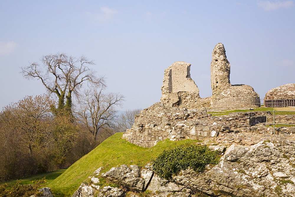 Ruins of Montgomery Castle built in 1223 by Henry III on rock outcrop above town in The Marches, Welsh border region, Montgomery, Powys, Wales, United Kingdom, Europe