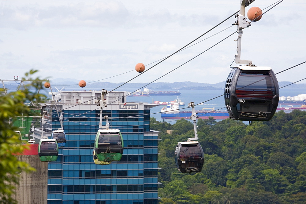 Sentosa Island cable cars approaching Mount Faber Point Jewel Box station from HarbourFront development, Singapore, Southeast Asia, Asia