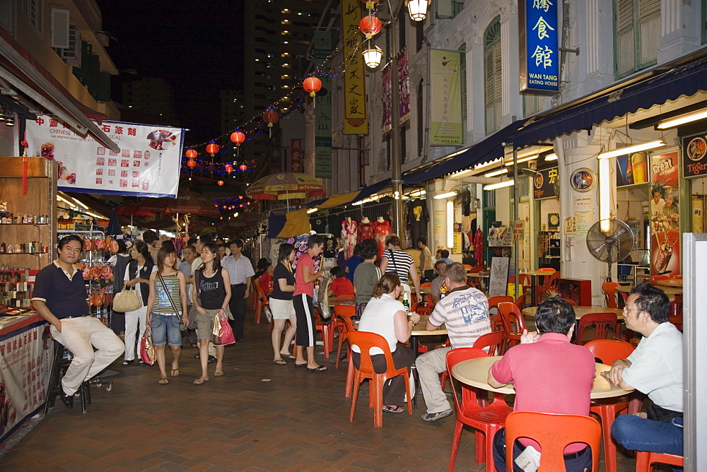 Pagoda Street shophouses stalls and street cafes selling Chinese goods at night, a popular shopping area for locals and tourists, Chinatown, Outram, Singapore, Southeast Asia, Asia