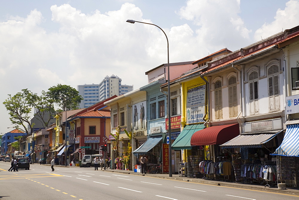 Colourful old shophouses in Serangoon Road, main commercial thoroughfare in Little India, Singapore, Southeast Asia, Asia