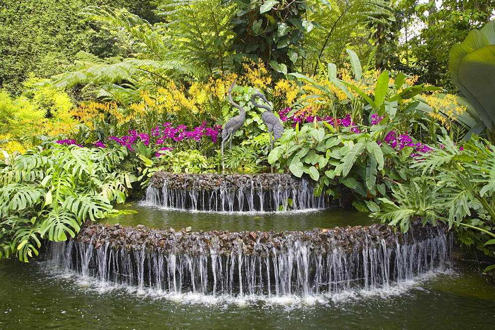 Crane sculptures and decorative fountain surrounded by orchids growing outside in National Orchid Garden in Botanic Gardens, Singapore, Southeast Asia, Asia