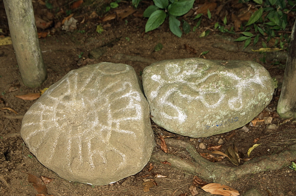 Sky-Map stone has astrological signifance, at excavated site of pre-Columbian city, Guayabo National Monument, Turrialba, Costa Rica, Central America