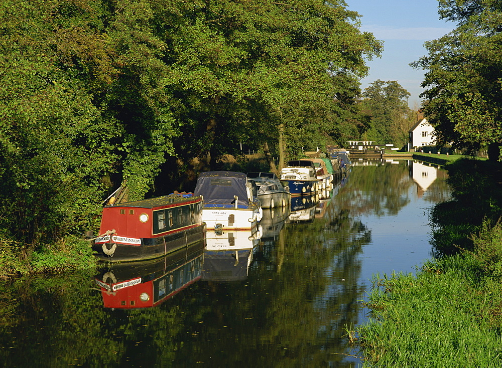 Moored boats on the Wey navigation from the south side of Craft Lock, Sutton Green, Surrey, England, United Kingdom, Europe