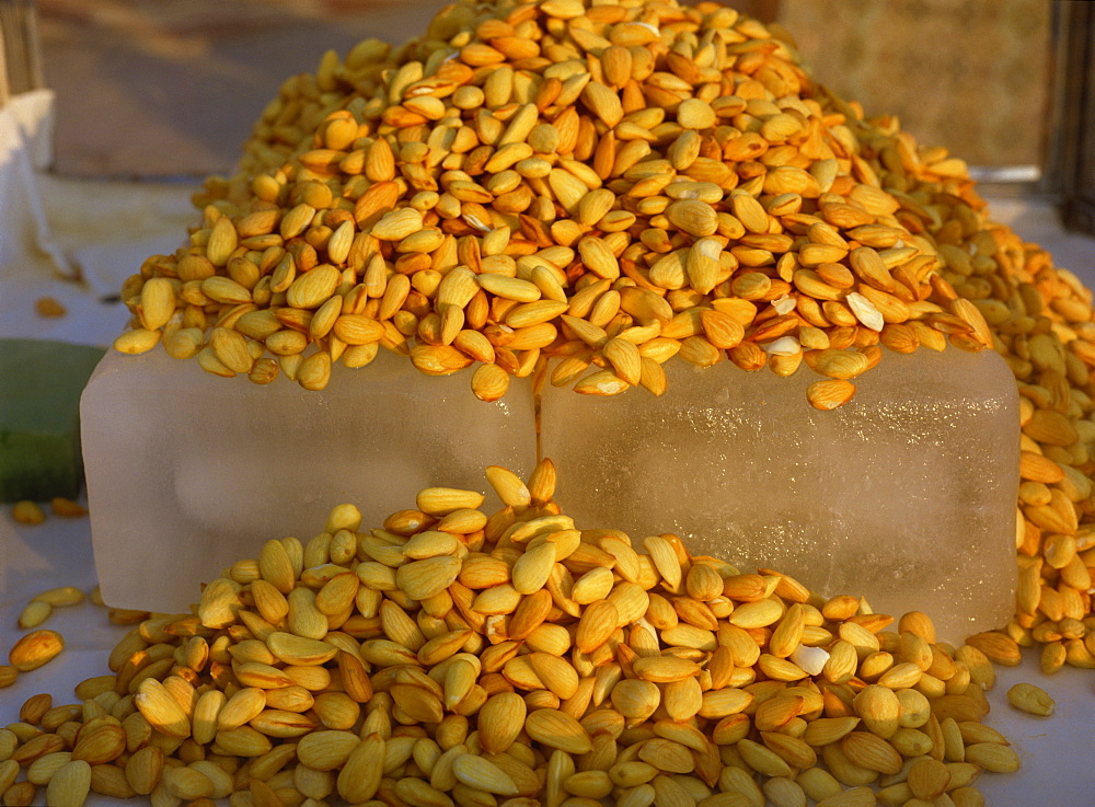 Almonds cooled on blocks of ice, Marmaris, Anatolia, Turkey, Asia Minor, Eurasia