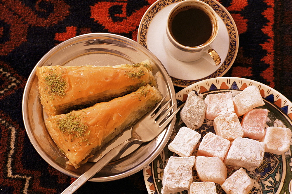 Typical Turkish desserts of baklava, loukoumi (Turkish delight), and Turkish coffee, Turkey, Eurasia