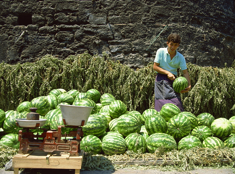 Watermelons for sale on a street corner, Istanbul, Turkey, Europe