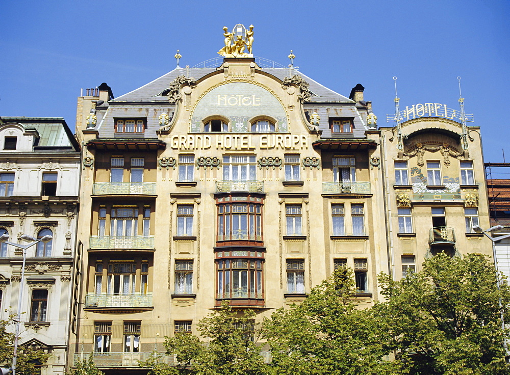 The Art Nouveau facade of the Grand Hotel d'Europe, Wenceslas Square, Prague, Czech Republic, Europe