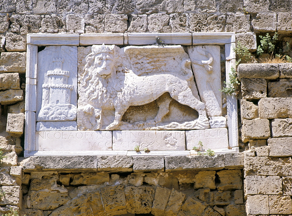 Carved winged lion of St. Mark above gate of the citadel, Famagusta, north of the island, Cyprus, Europe