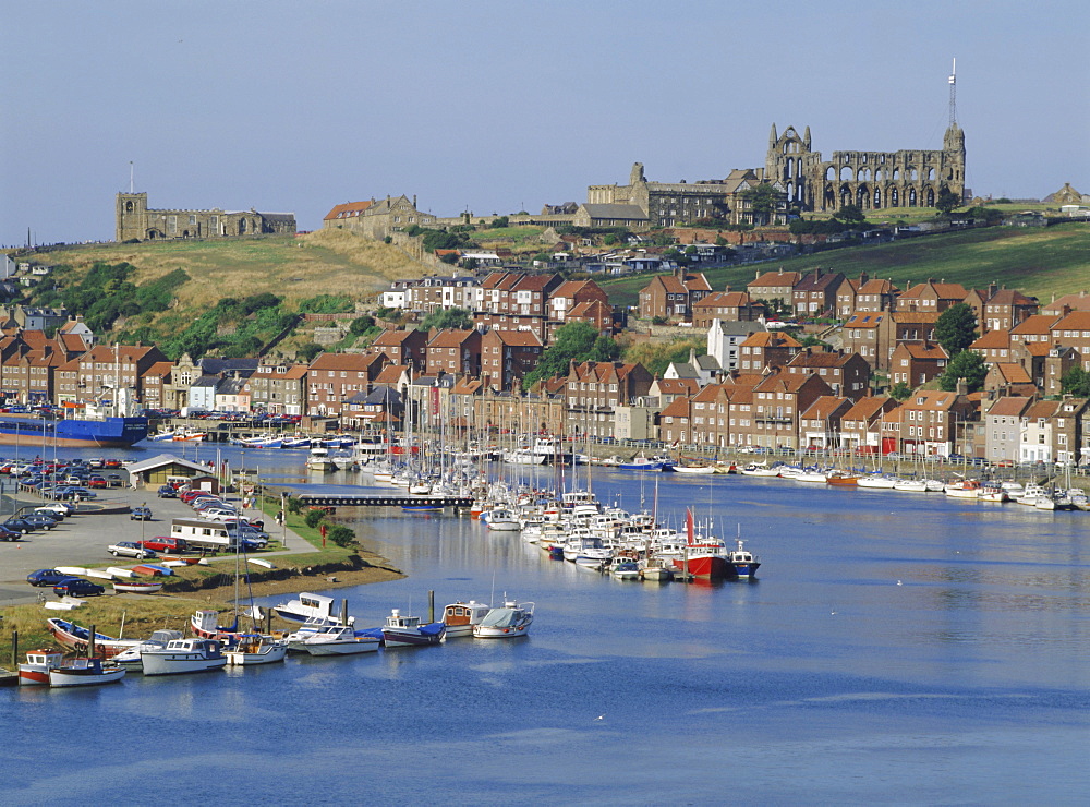 Harbour, abbey and St. Mary's church, Whitby, Yorkshire, England, UK, Europe