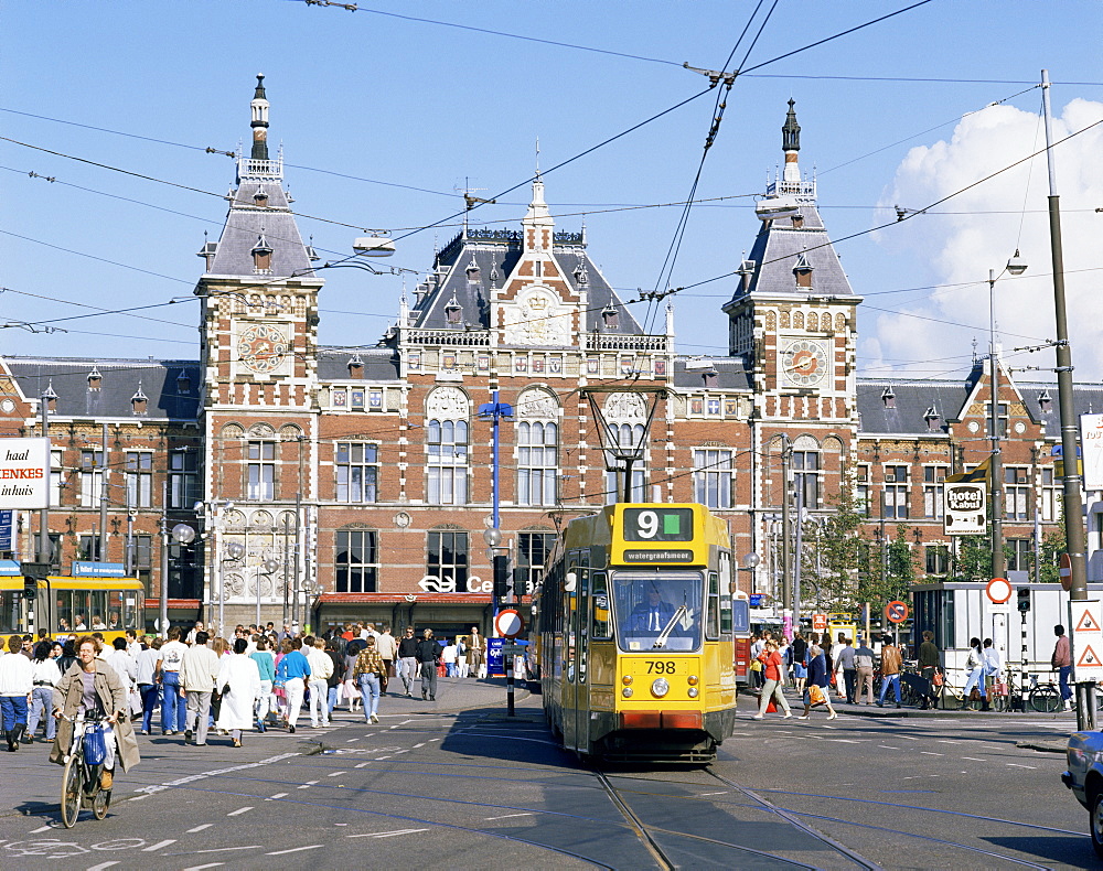 Tram and Central Station, Amsterdam, Holland, Europe