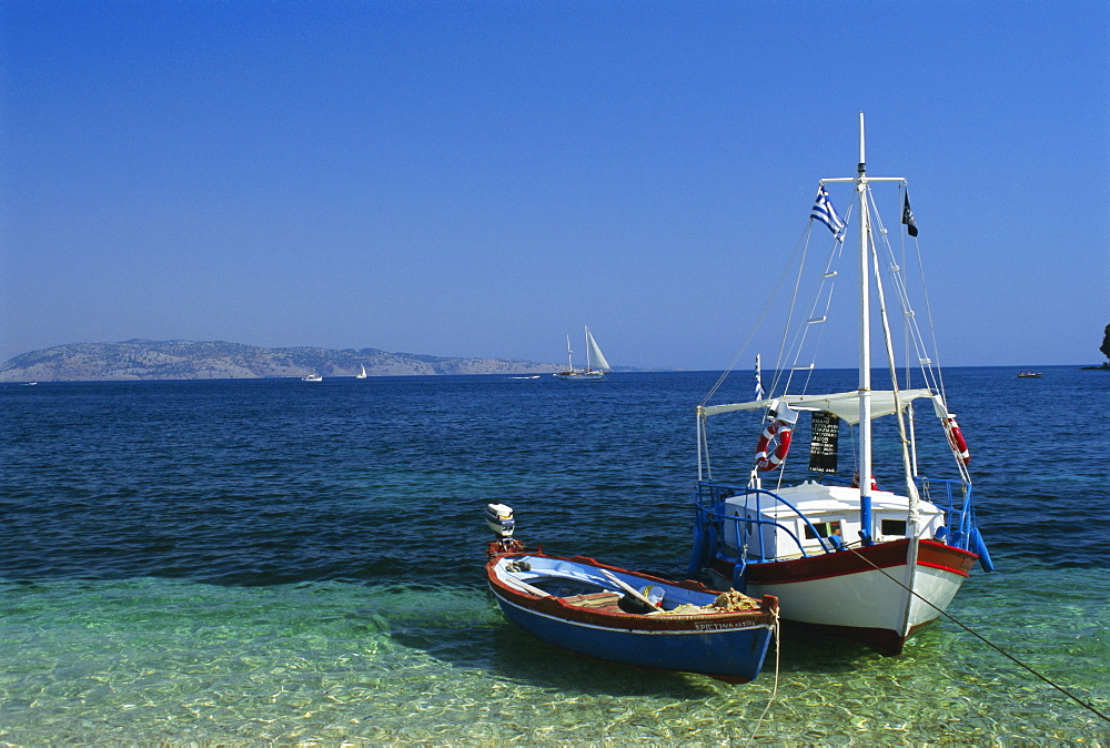 Greek boats, Kalami Bay, Corfu, Ionian Islands, Greece, Europe