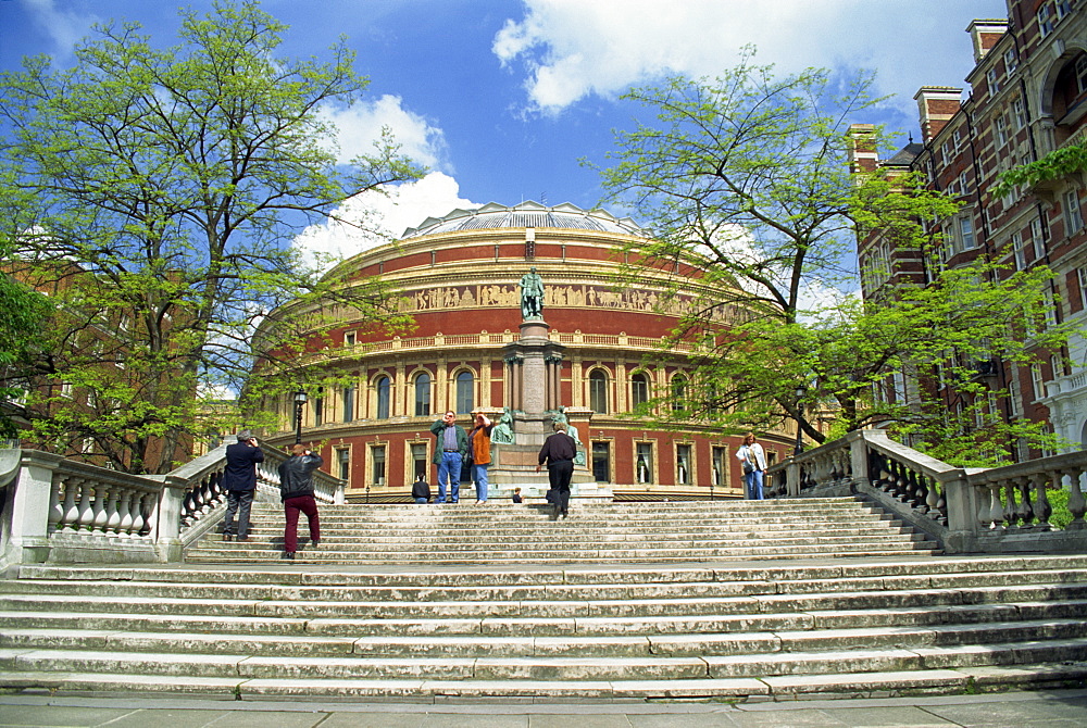 Steps and memorial before the Royal Albert Hall, built in 1871 and named after Prince Albert, Queen Victoria's consort, Kensington, London, England, United Kingdom, Europe