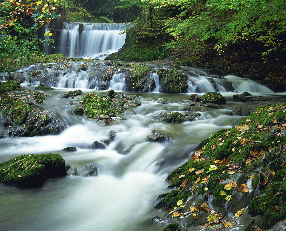 Stock Ghyll Beck, water in river tumbles over rocks, at Ambleside in the Lake District, Cumbria, England, United Kingdom, Europe