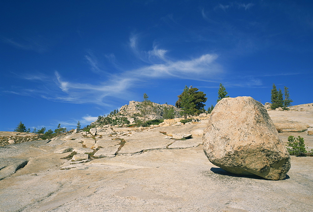 Boulder on rocky arid landscape in the Tioga Pass area of Nevada, United States of America, North America