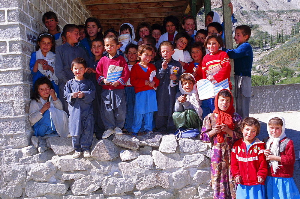 Group of children outside school, Gulmit, Upper Hunza Valley, Pakistan, Asia