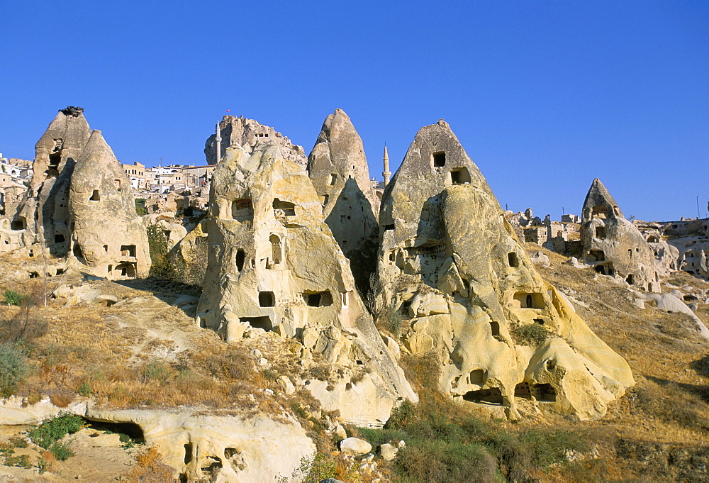 Houses in rock formations, Cappadocia, Anatolia, Turkey, Asia Minor, Asia